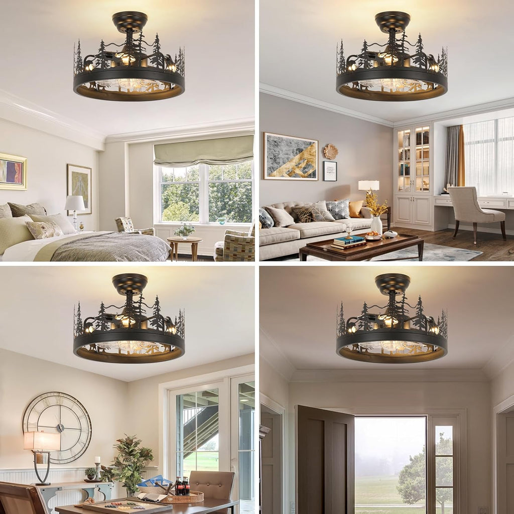 Rustic Black Ceiling Fan with Light, Bear and Deer Design