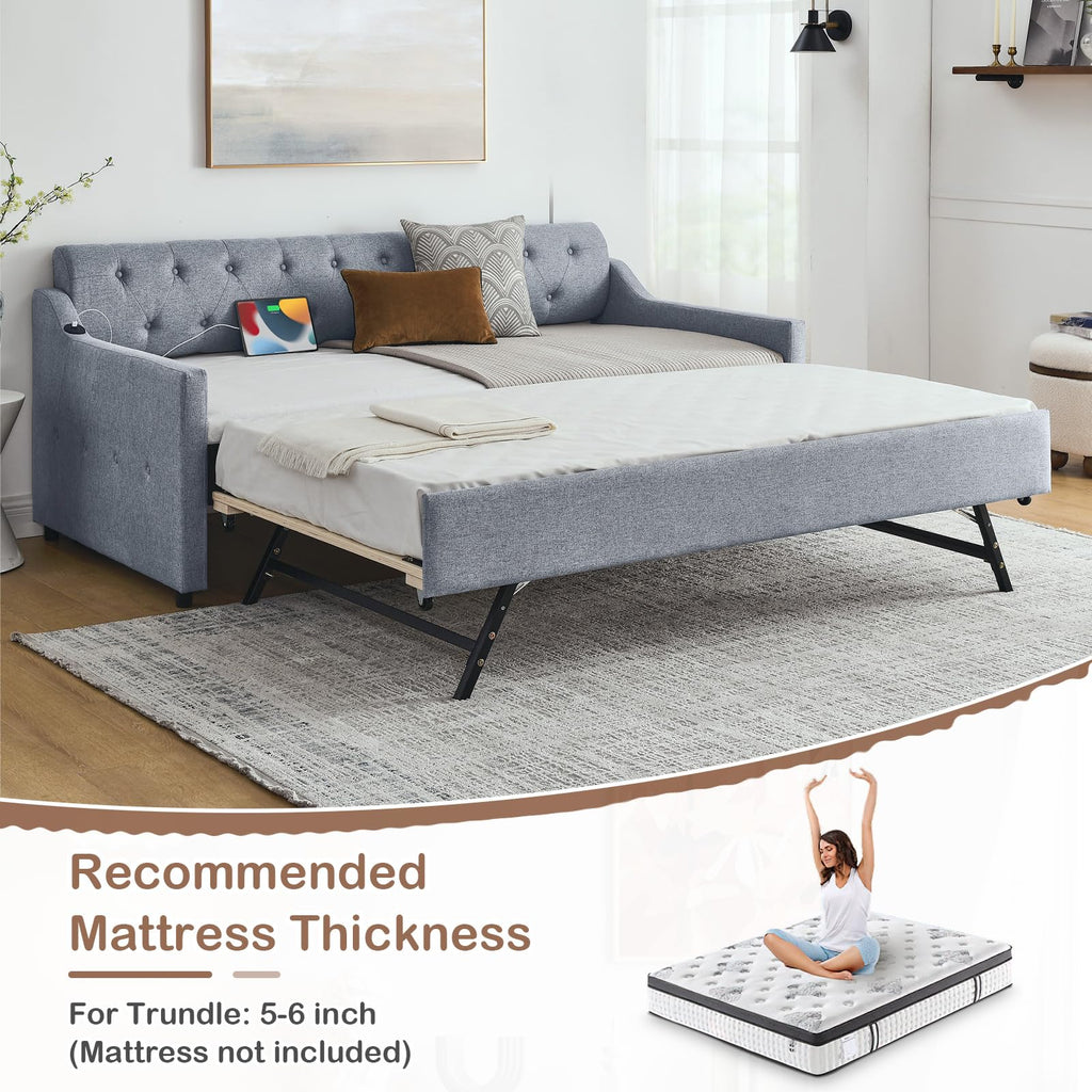 Daybed with Pop Up Trundle, Modern Button Tufted Linen Upholstered Sofa Bed Frame, Twin to King Size Day Bed w/USB &