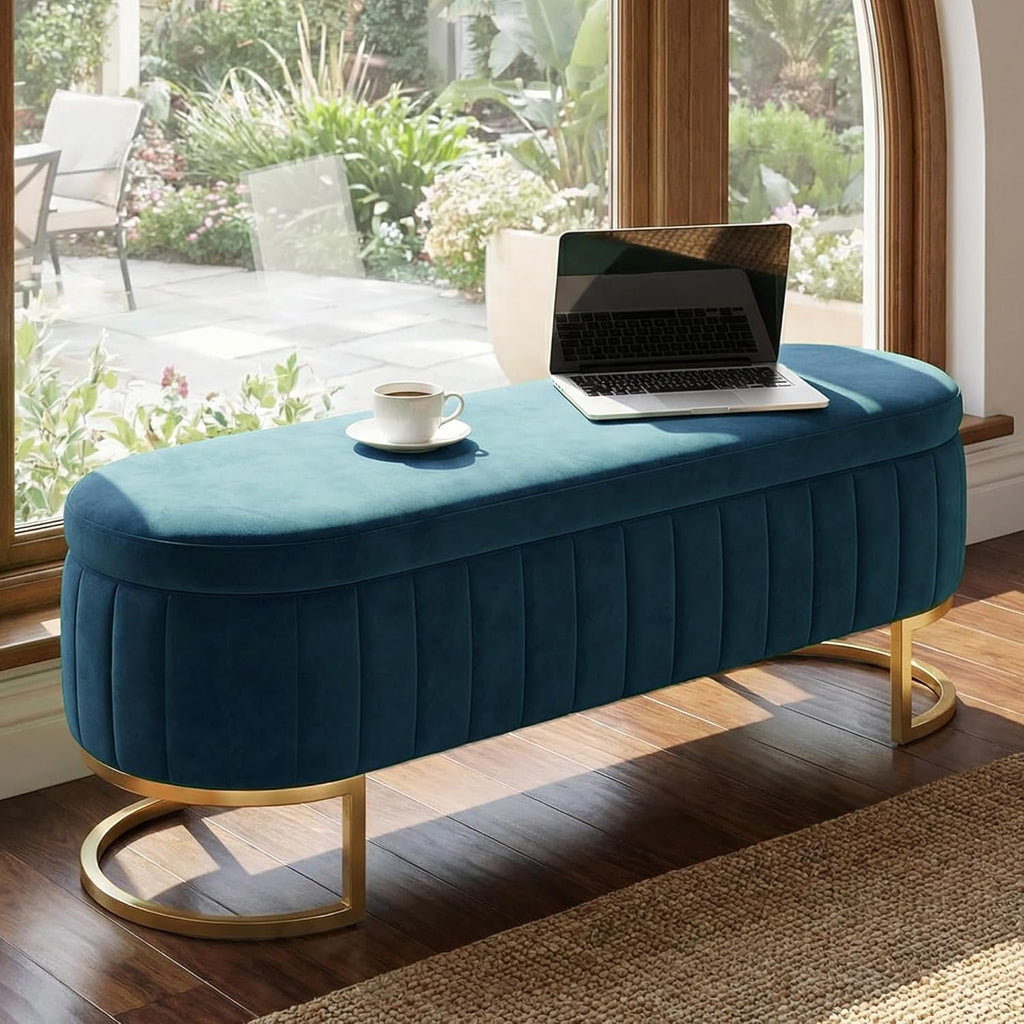 51" Velvet Storage Ottoman Bench End of Bed Entryway Dark Blue | Velvet Large Storage Solid Wood with Metal Leg 300