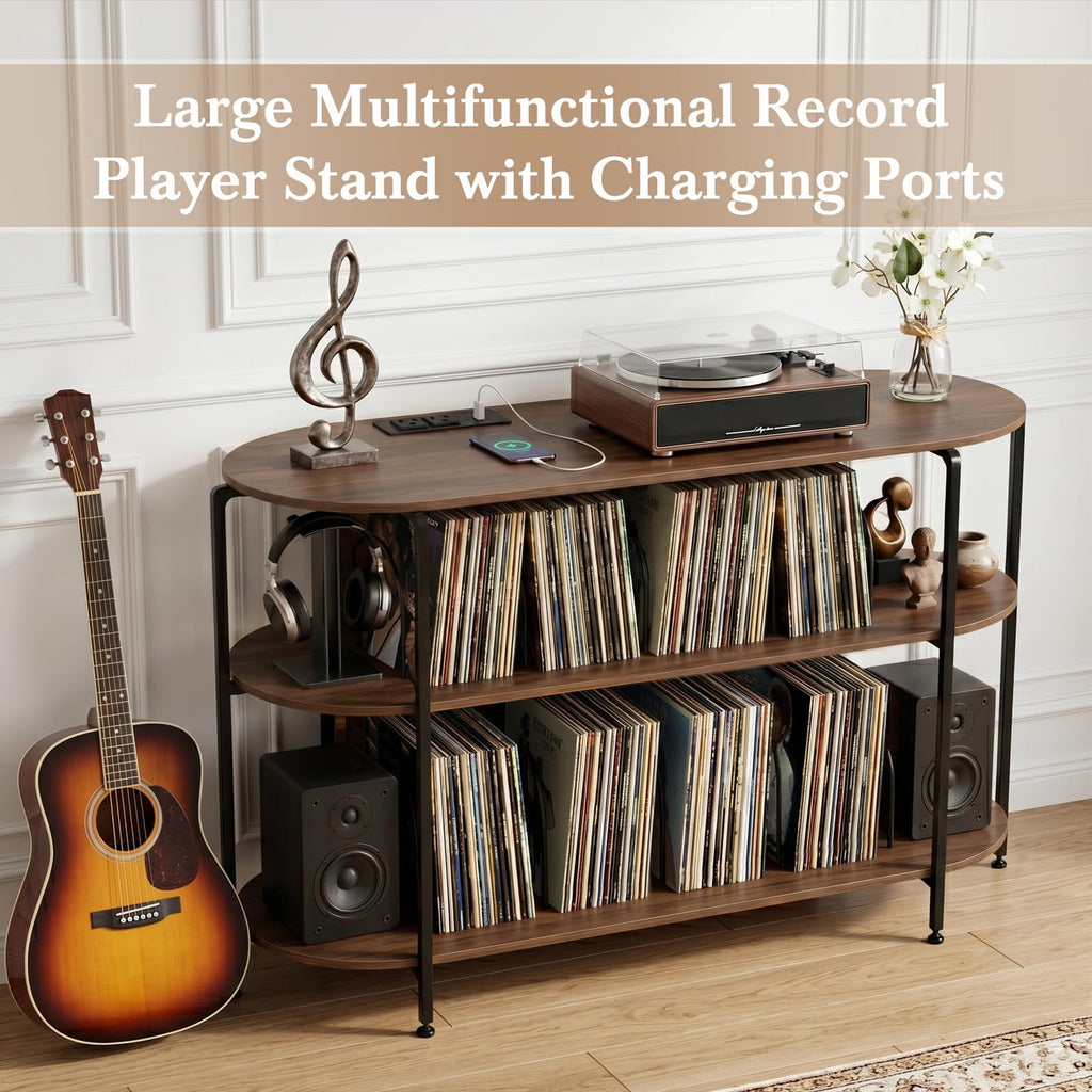 43.3" Record Player Stand with Power Outlets, 3-Tier Vinyl Record Storage Cabinet Holds Up to 400 Albums, Turntable