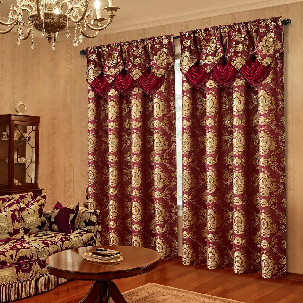 Burgundy Paisley Jacquard Curtains, Victorian Luxury Window Curtains 2 Panels Set with Attached Valance and Sheer