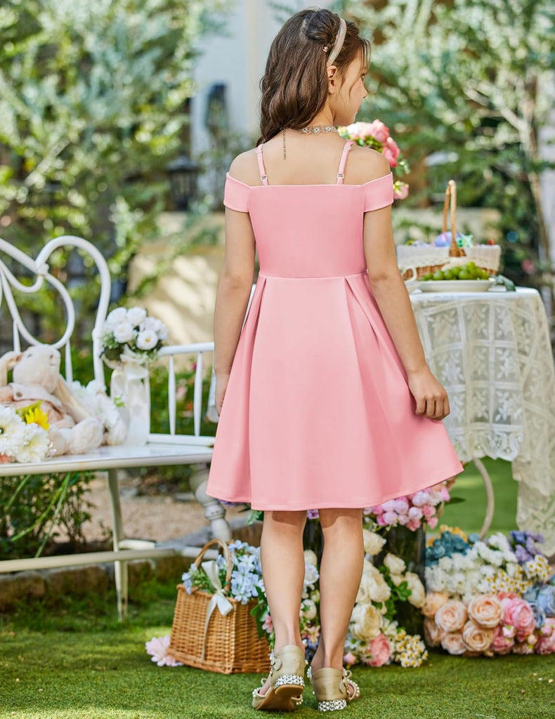 Girls Summer Dress Off Shoulder Fold Pleated Formal Elegant Dress