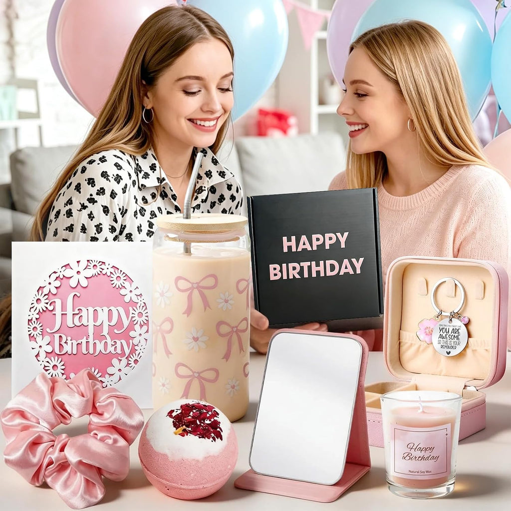 Happy Birthday Gift Box for Women - Relaxing Spa Basket for Best Friend, Mom, Coworker - Unique Gift Set with Pink - Set of 10