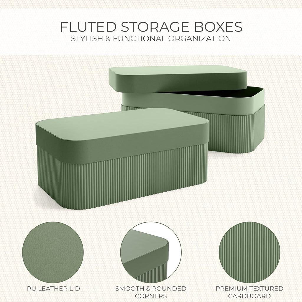 Decorative Storage Boxes with Lids Fluted Photo Organizer Bins - Set of 2