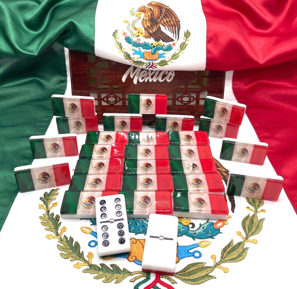 Mexico flag Dominoes Premium Edition Mexican Dominoes Set Deluxe - Double Six Domino Adult Tiles with Mexican Flag