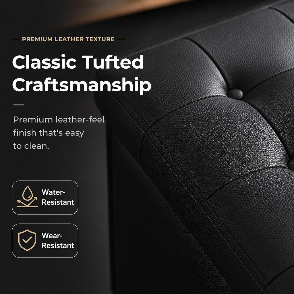 36 Inch Extra Large Black Leather Lift Top Living Room Storage Ottoman | Tufted Upholstered Shoe Storage Entry Bench