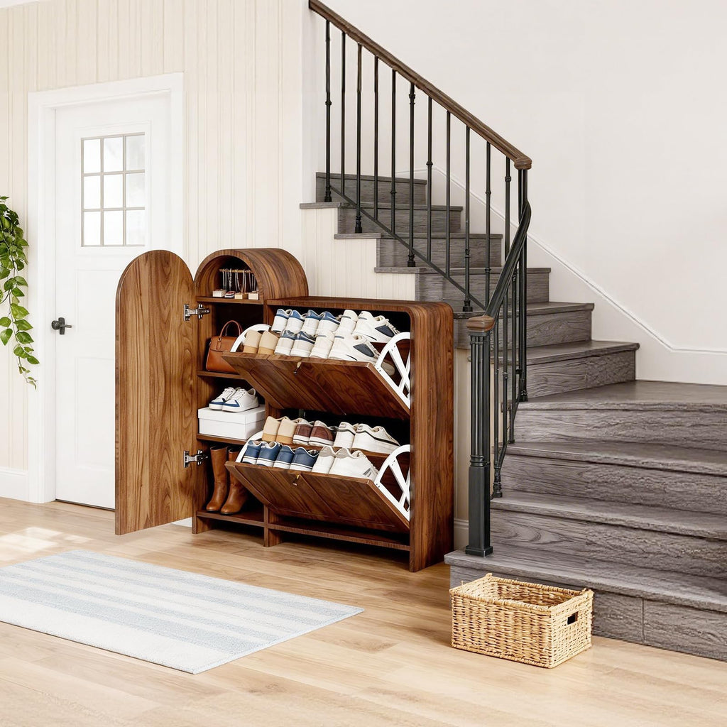 Arched Cabinet with Doors-Shoe Cabinet, Hidden Shoe Rack, Shoe Stand Compact Shoe Storage in Walnut