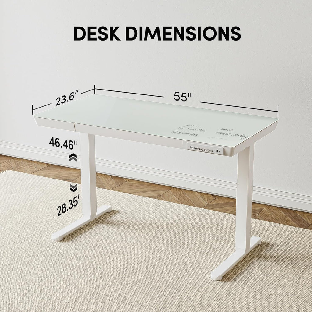 Electric Standing Desk with Drawers, 55 inch Whole-Piece Glass Desktop, Height Adjustable Stand up Sit Stand Home