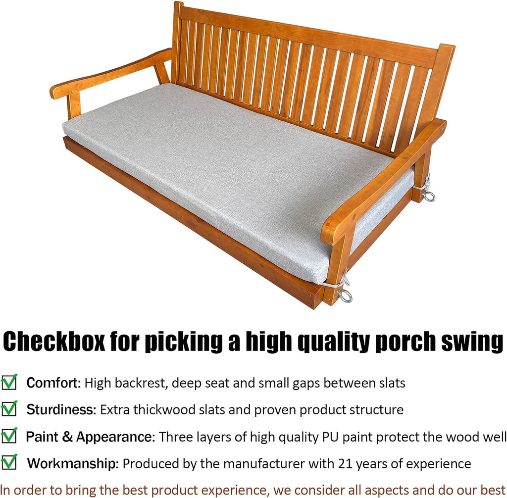 6 FT Wooden Porch Swing Bed with Thick Cushion - Outdoor Hanging Daybed or Porch, Solid Fir Wood Frame
