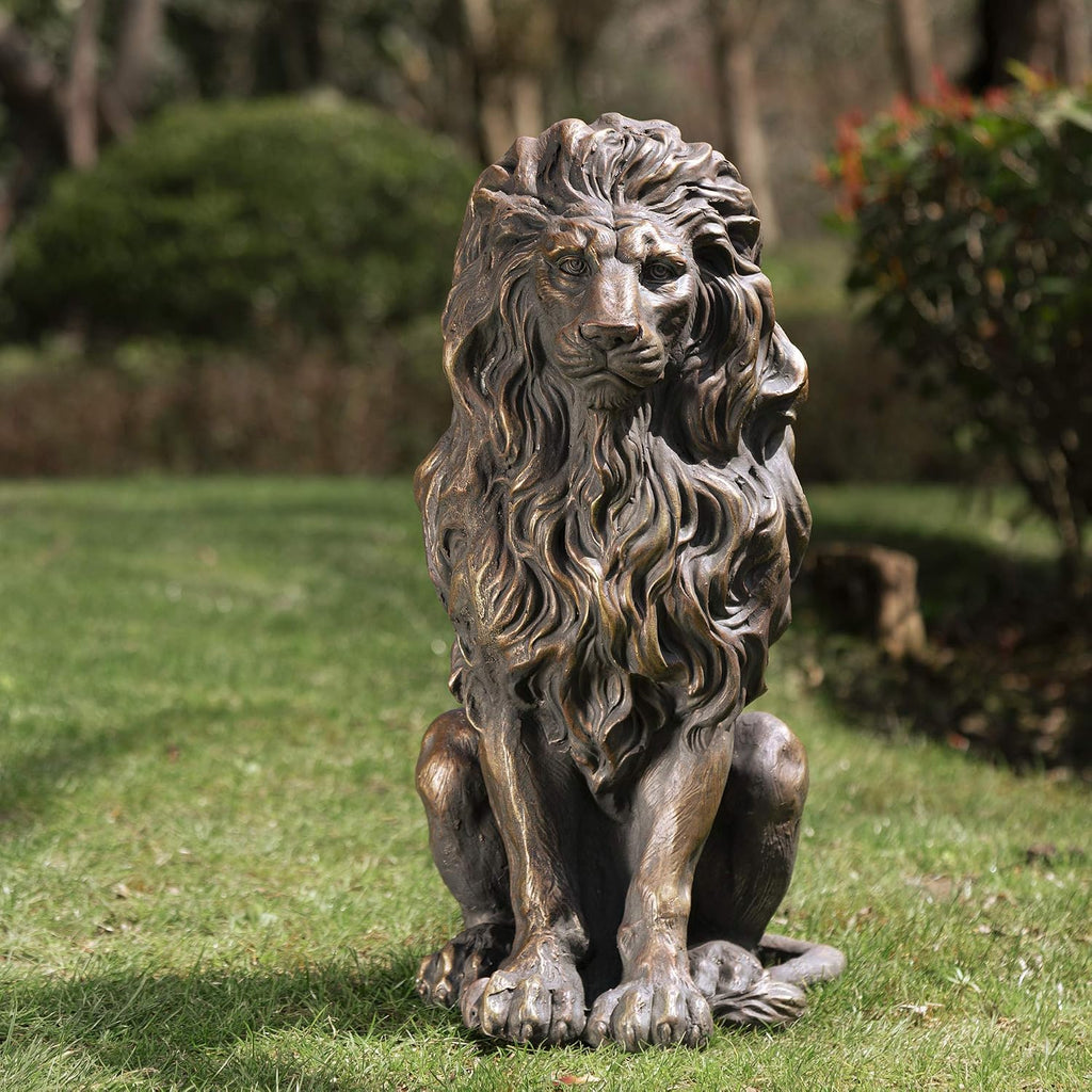Guardian Sitting Lion Statue Regal Indoor and Outdoor Garden Sculpture Entrance Porch and Yard, 20.5in Tall, Bronze