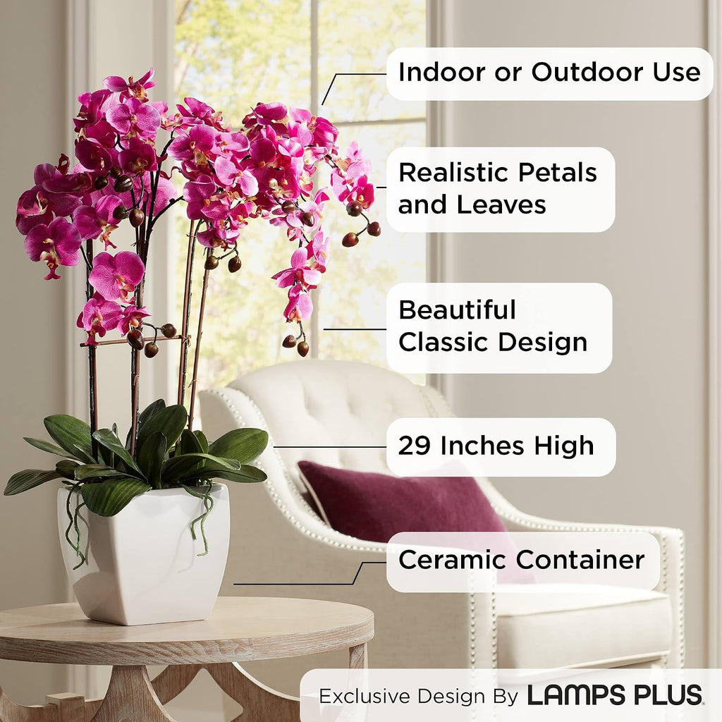 Potted Silk Faux Artificial Flowers Arrangements Realistic Purple Fuchsia Orchid in White Ceramic Pot for Cottage