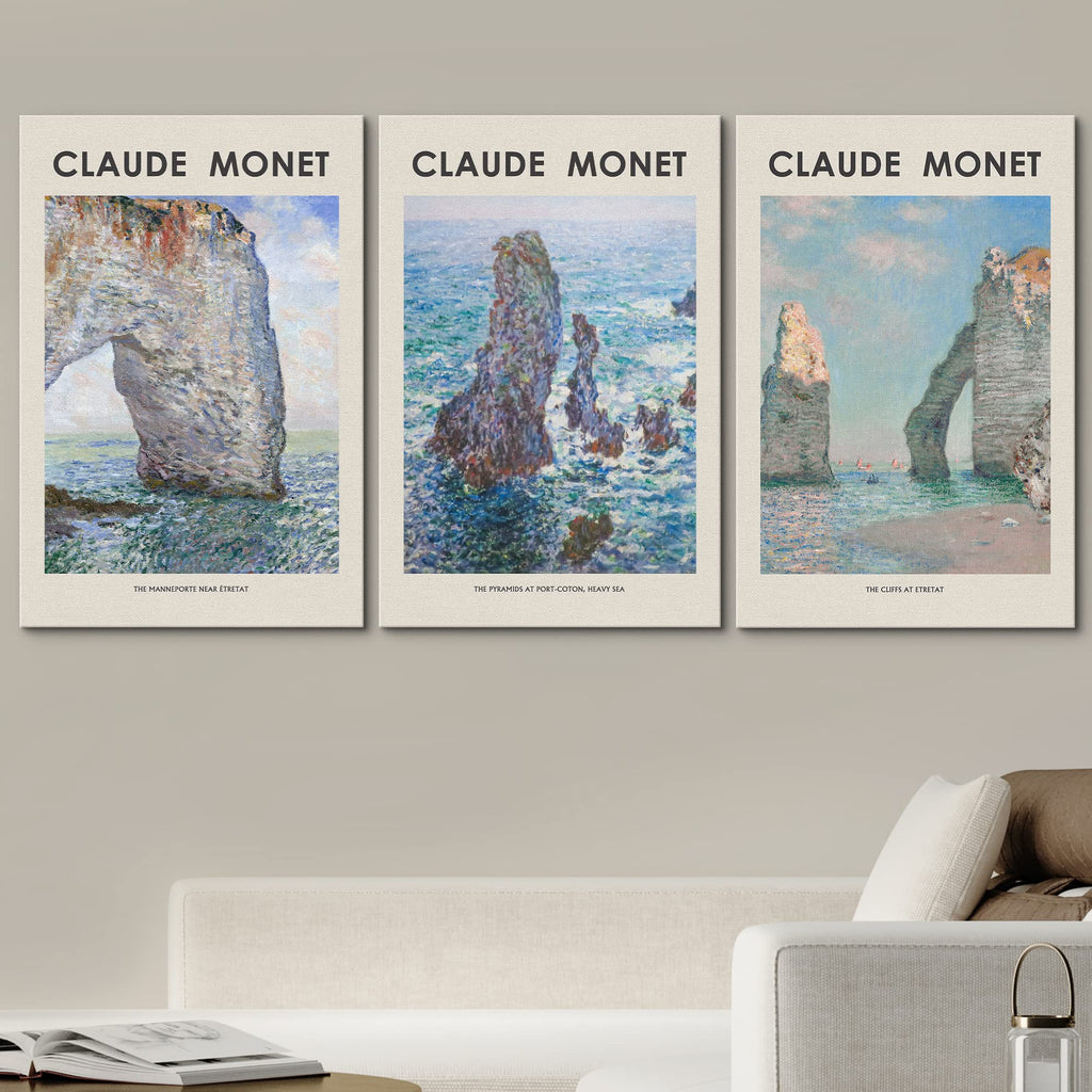 Canvas Wall Art Print Set Beach Ocean Cliffs in France by Claude Monet Nature Wilderness Illustrations Modern