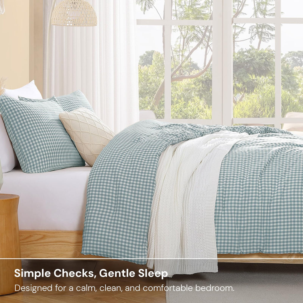 Blue Gingham Comforter Set, 3 Pieces Bedding