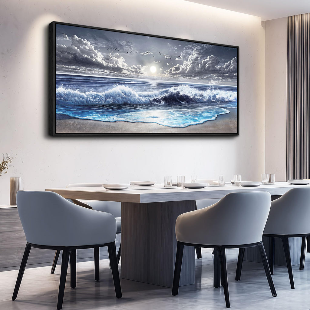 Blue Ocean Large Canvas Wall Art Prints, Coastal Sunset Landscape Paintings, Nature Waves Beach Wall Decor, Seascape