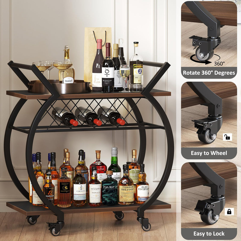 Modern Bar Cart, Industrial Rolling Wine Cart with Wine Rack, Walnut