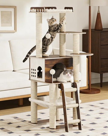 Modern Cat Tower, 60.3 Inches Multi-Level Cat Tree with Dark Wood-Look Panels, Sisal Scratching Posts, Hammock &