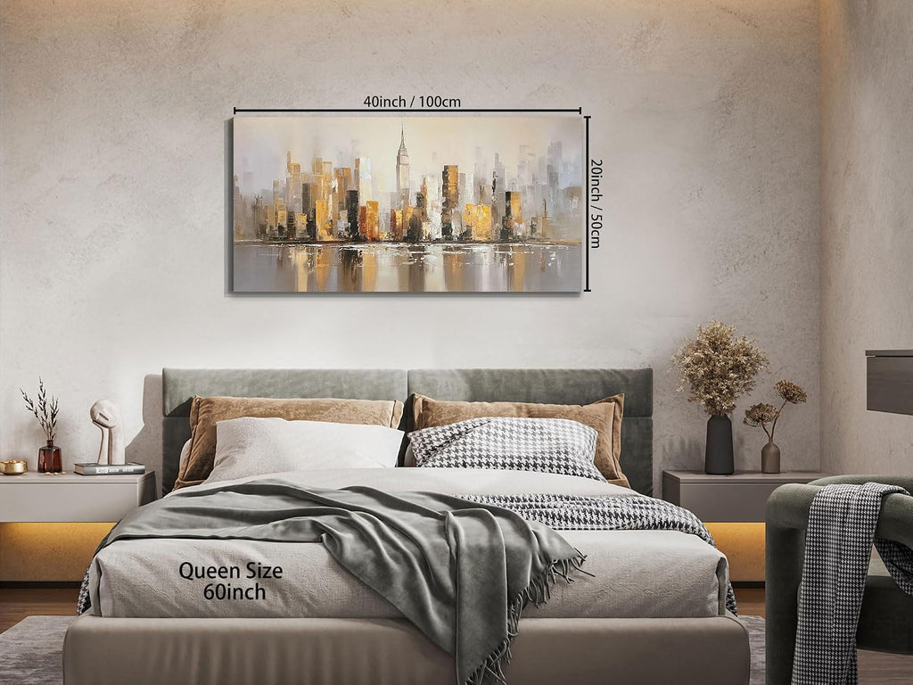 Abstract Cityscape Canvas Wall Art - Modern New York Skyline Painting Warm Accents, NYC Picture Large Framed Artwork