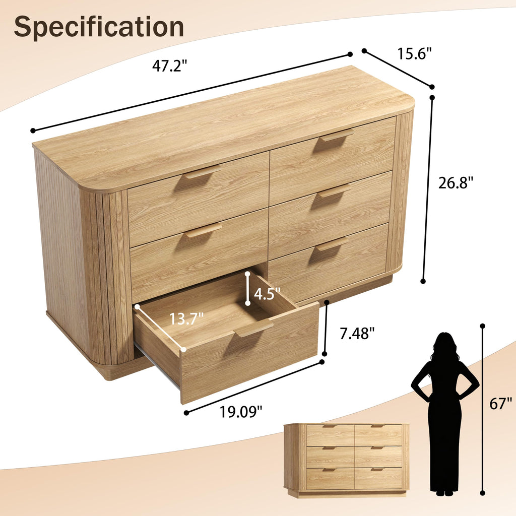 6 Drawer Dresser, 47'' Wide Chest of Drawers, Natural Oak