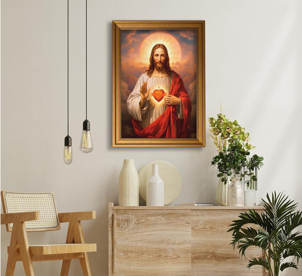 Vintage Gold Framed Jesus Wall Art Sacred Heart of Jesus Christian Canvas Prints Divine Mercy Picture Christ God
