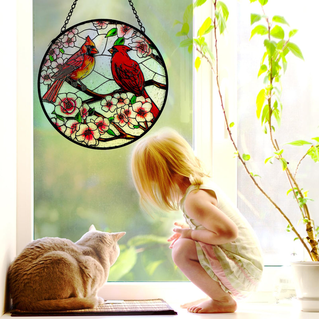Cardinal Stained Glass Window Hanging, 12 Inch Sun Catcher Glass Panel with Metal Chain and Hooks Suncatcher Indoor