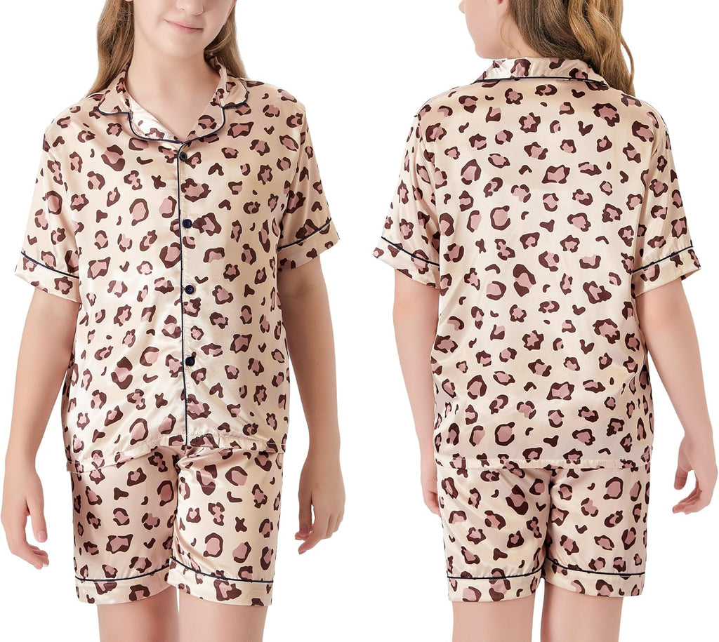 Girls Satin Pajamas, Short Sleeve Shorts Button Up