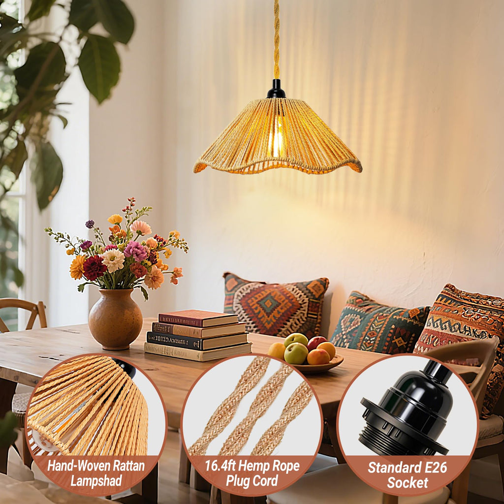 Hanging Lights with Plug in Cord Rattan Hanging Lamp Boho Ceiling Light Fixtures Farmhouse Pendant Lamp Shape Bedroom