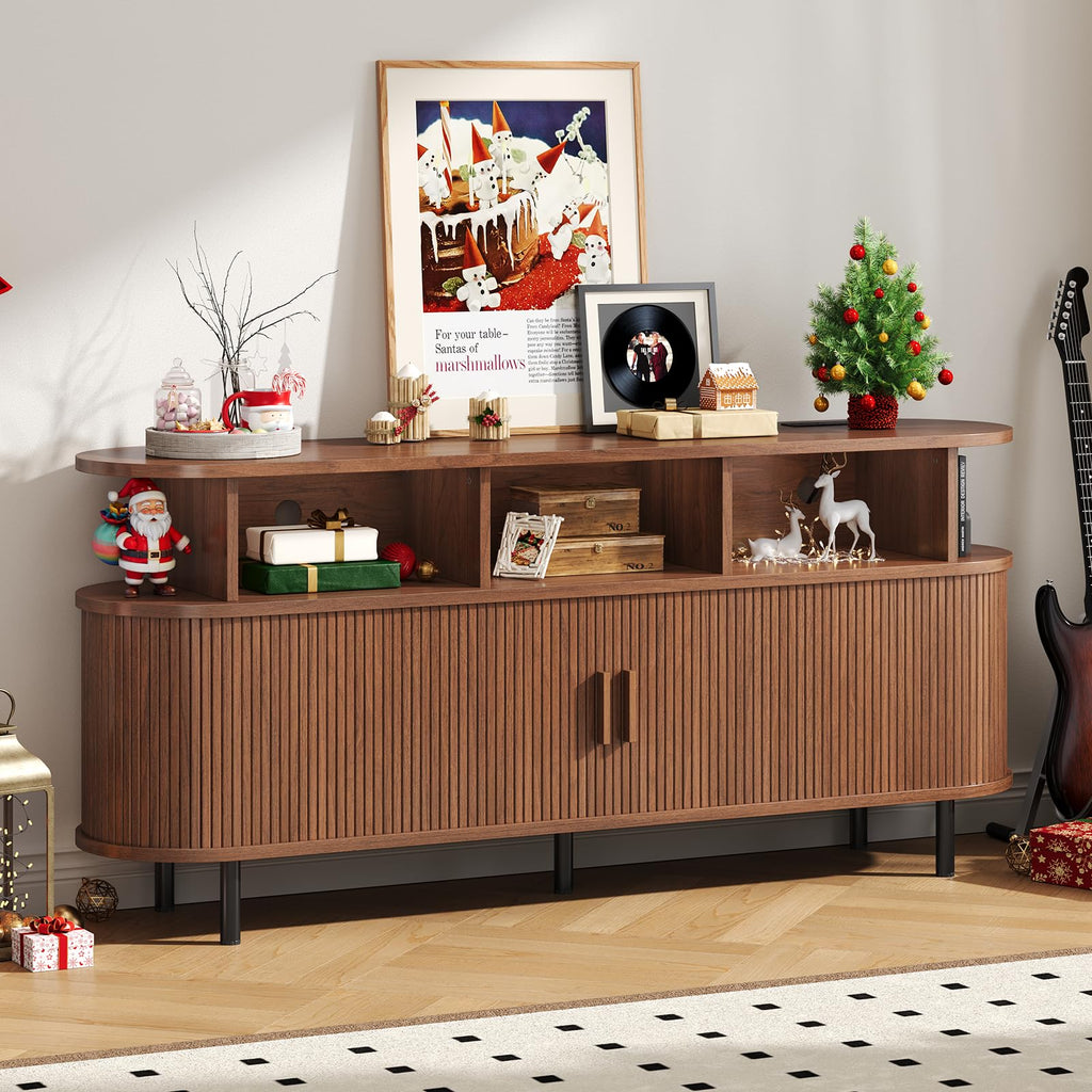 69" Large Round Record Player Stand with Charging Station, Walnut