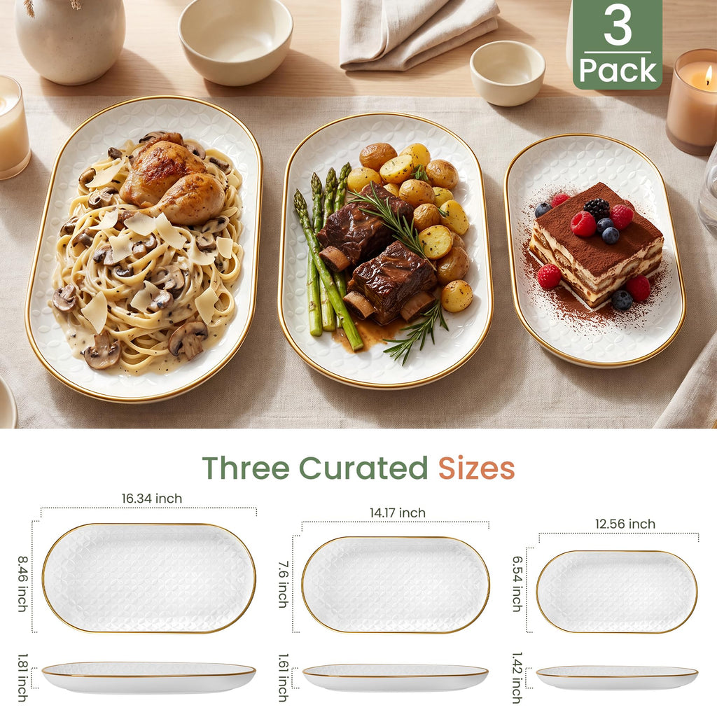 Gold Rim Ceramic Serving Platter 16"/14"/12" Decorative White Gold Serveware for Parties Entertaining Elegant Serving