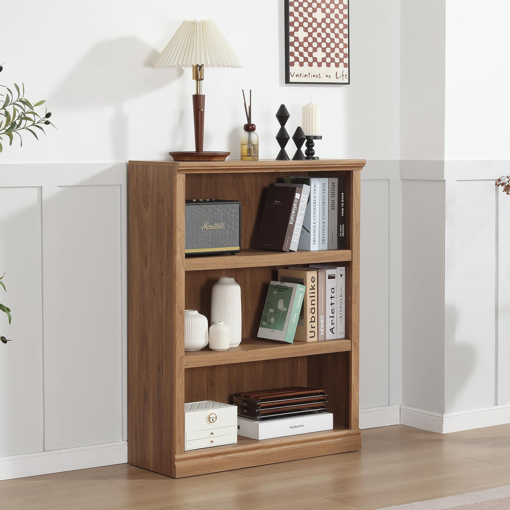 3-Shelf Bookcase Wooden Bookshelves 33in Wide Floor Standing Display Storage Shelves Oak Bookcase, Bed Room