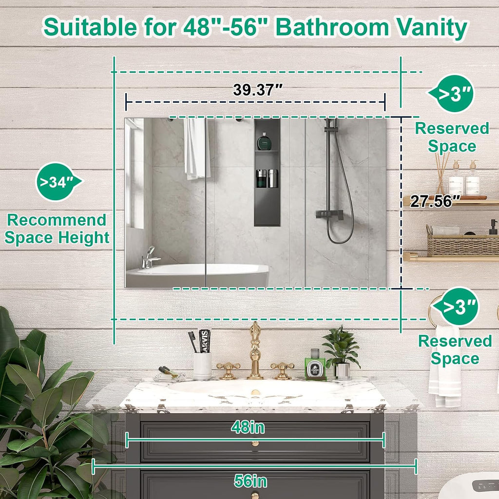 40 x 28 Farmhouse Medicine Cabinet, Tempered Frameless Bathroom Mirror with Storage, Silver Recessed or Surface Mount