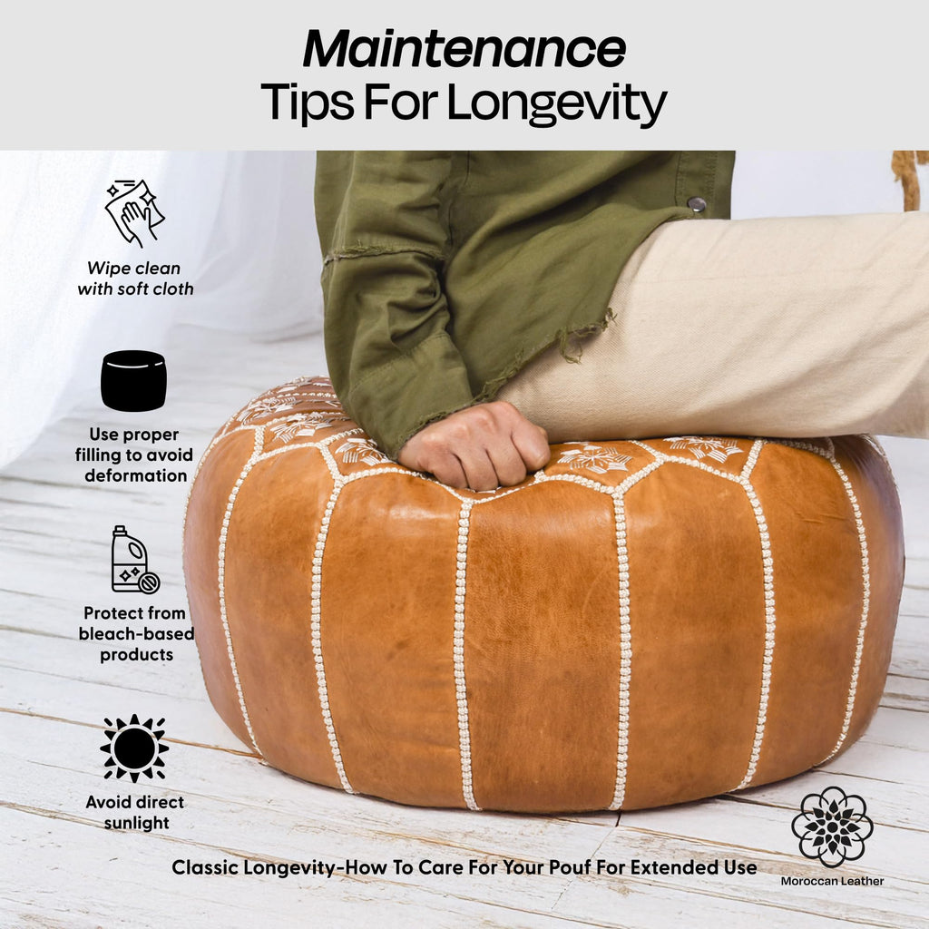 Handmade Pouf Ottoman Cover, Unstuffed Foot Stool, Round Boho Footrest Decor Gift (Tan Ornate)
