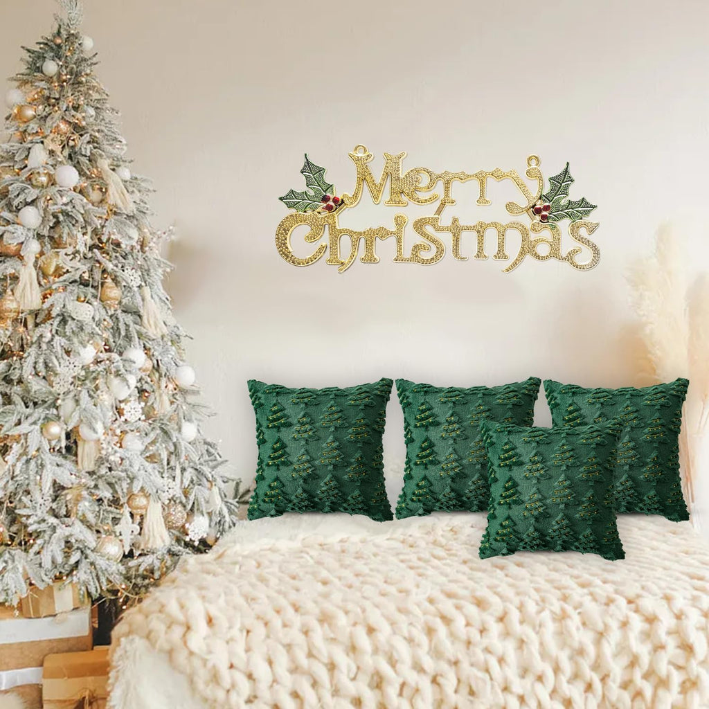 4 Pcs Christmas Throw Pillow Covers 18x18, Soft Faux Fur Pillow Cases Holiday Decorations, Fluffy Plush Accent Couch