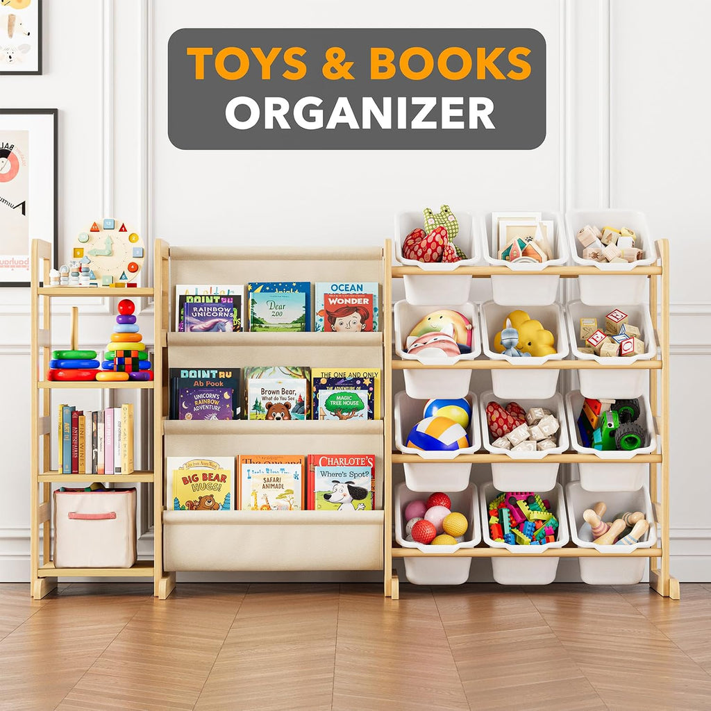 3-in-1 Toy Storage Organizer with 4 Shelves and 12 Bins, Toy Organizers Storage 3-Tier Bookshelf, Kids Bin Shelf Box