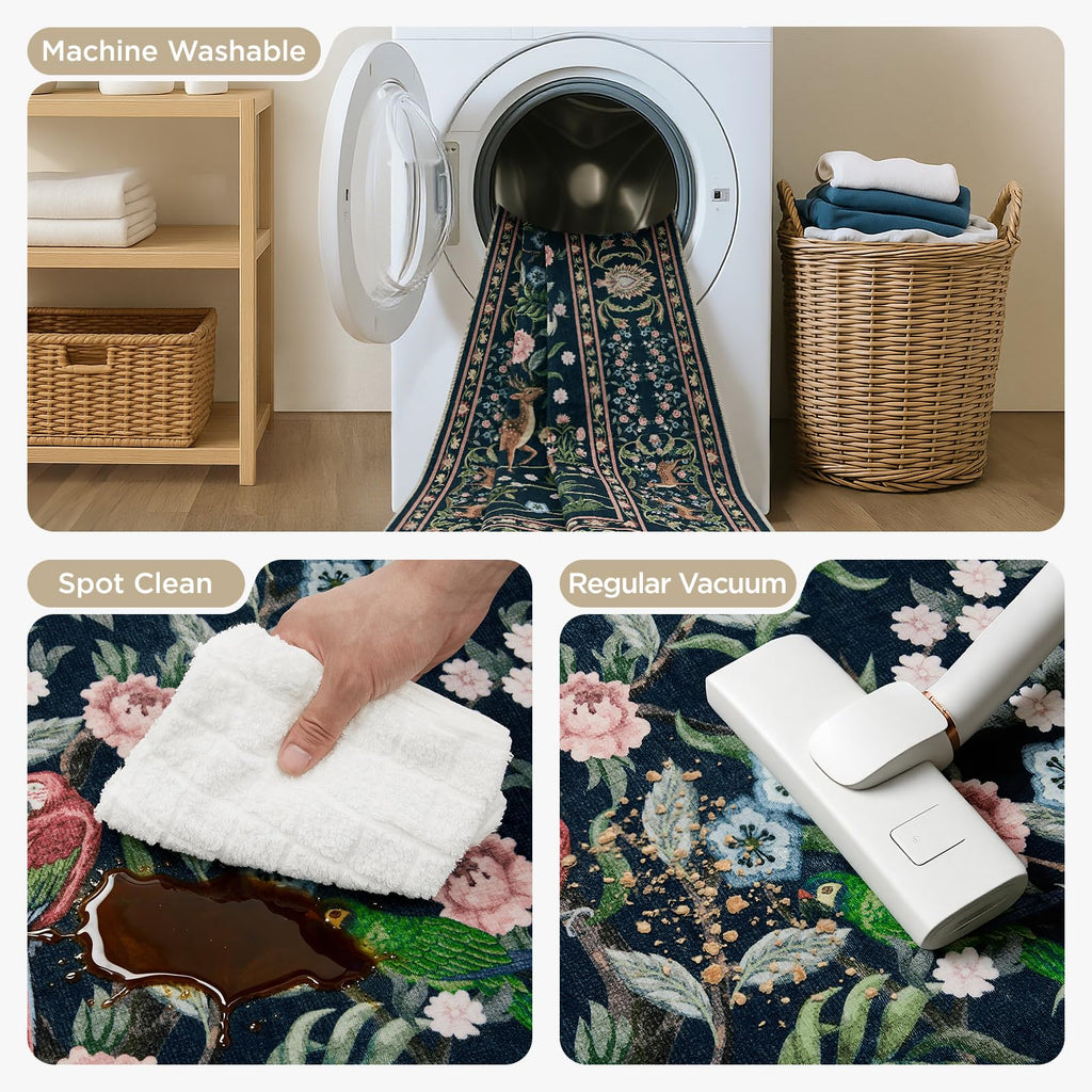 Area Rugs, Washable Boho Floral Large Carpet Black