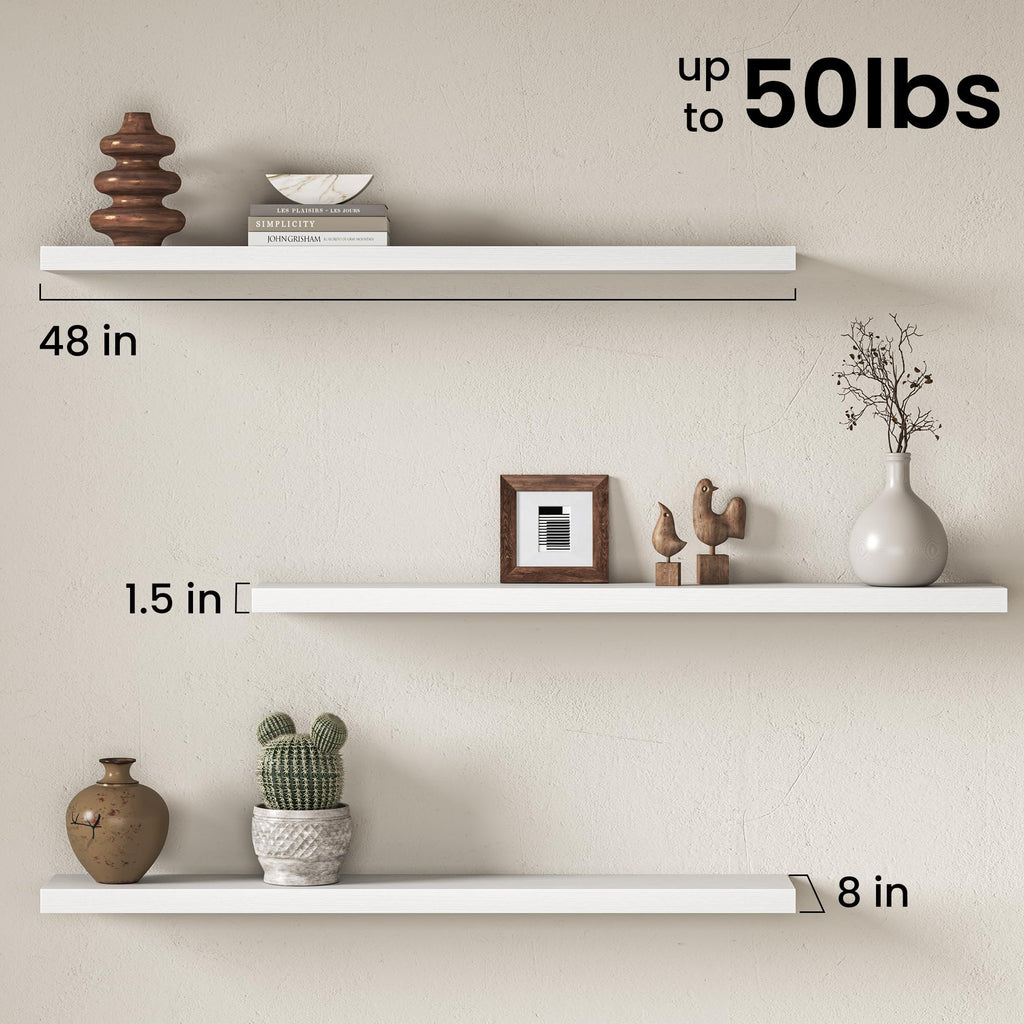 48 Inch Floating Shelves for Wall, 8 Inch Deep Rustic Wood Wall Mounted Shelves with Invisible Brackets Storage