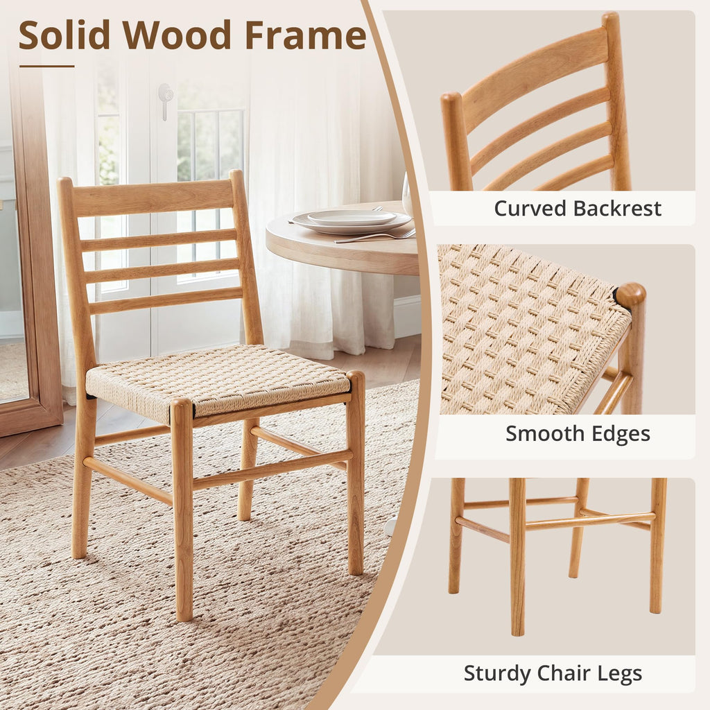 Dining Chairs Set of 4, Mid Century Modern Solid Rubberwood Ladder Back Wicker Chairs, Hand Woven Rattan Paper Rope
