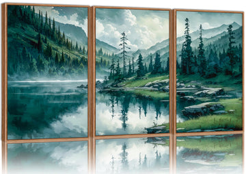 Large Nature Forest Framed Canvas Wall Art Set, Boho Mountains Calming Lake Wall Decor, Green Pine Trees Artwork