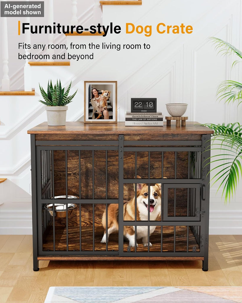 Dog Crate Furniture with Sliding Barn Door, 44"/39"/32" Decorative Dog Kennel Indoor with 2 Doors, Escape-Proof