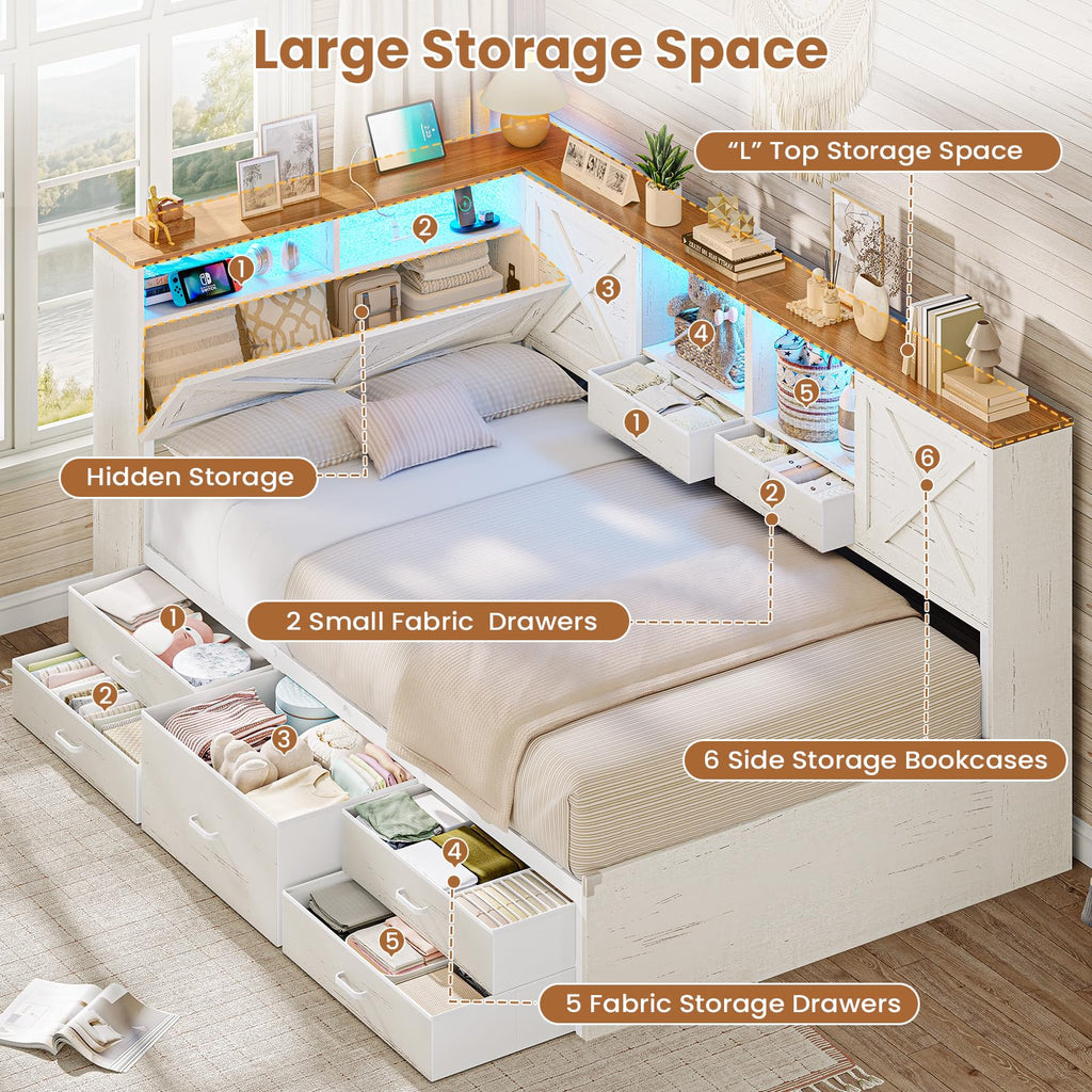 Farmhouse Corner Bed with 7 Drawers & Sliding Doors, White