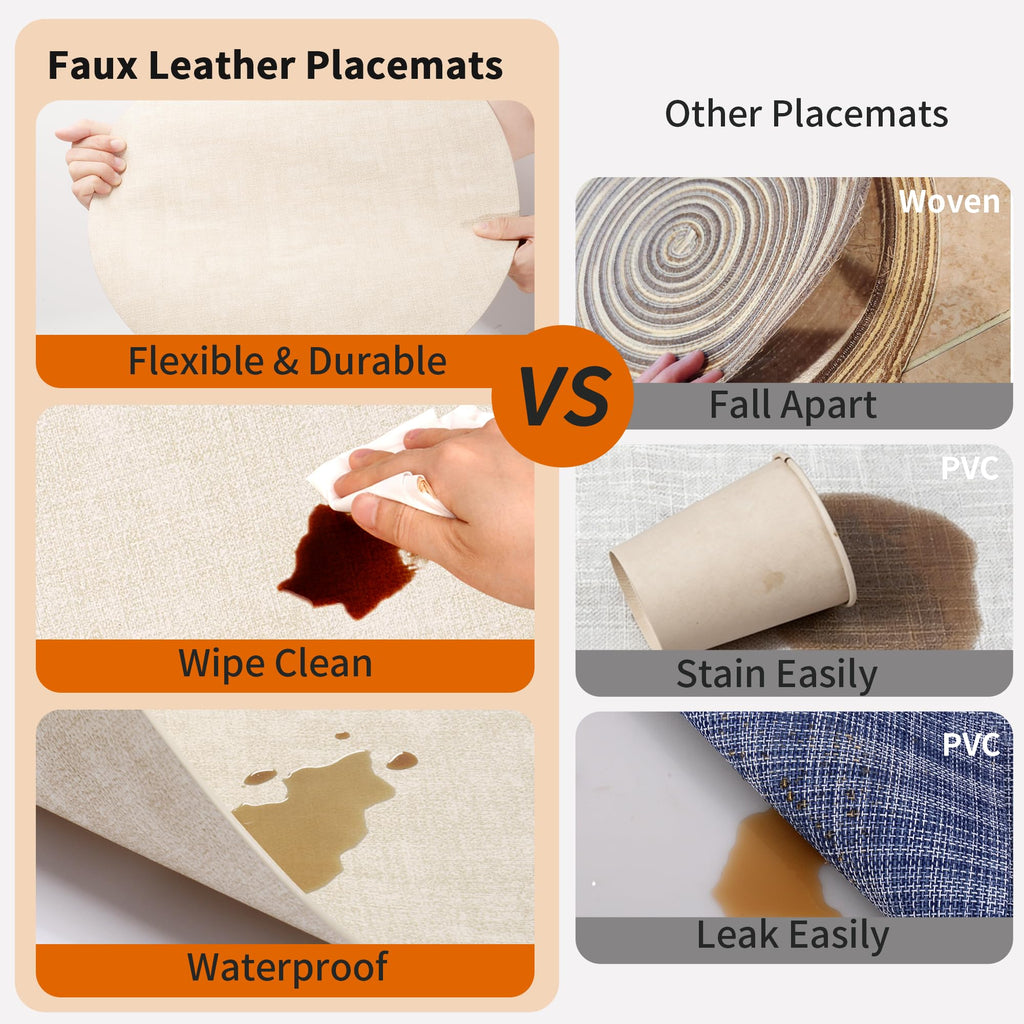 Faux Leather Round Placemats Set of 6, 13.8 inch, Beige