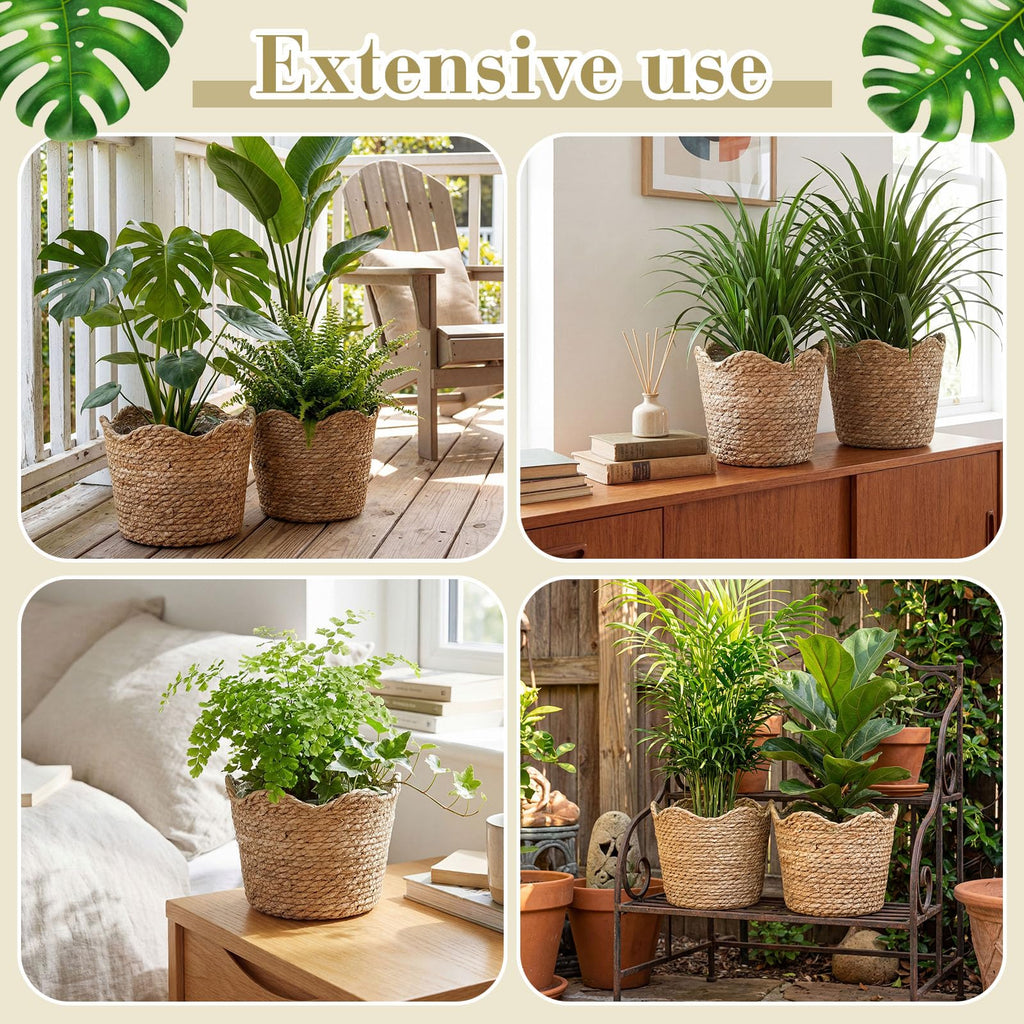 4 Pcs Large Seagrass Planter Basket with Plastic Lining Wicker Planter Basket Weaved Baskets for Plants Laundry