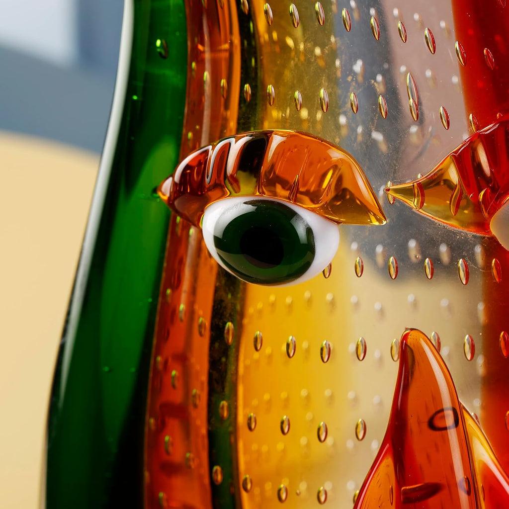 Murano-Style Art Glass Vase with a Face - 12.6" Tall Mouth-Blown Artistic Sculpture with Vibrant Colors & Accents
