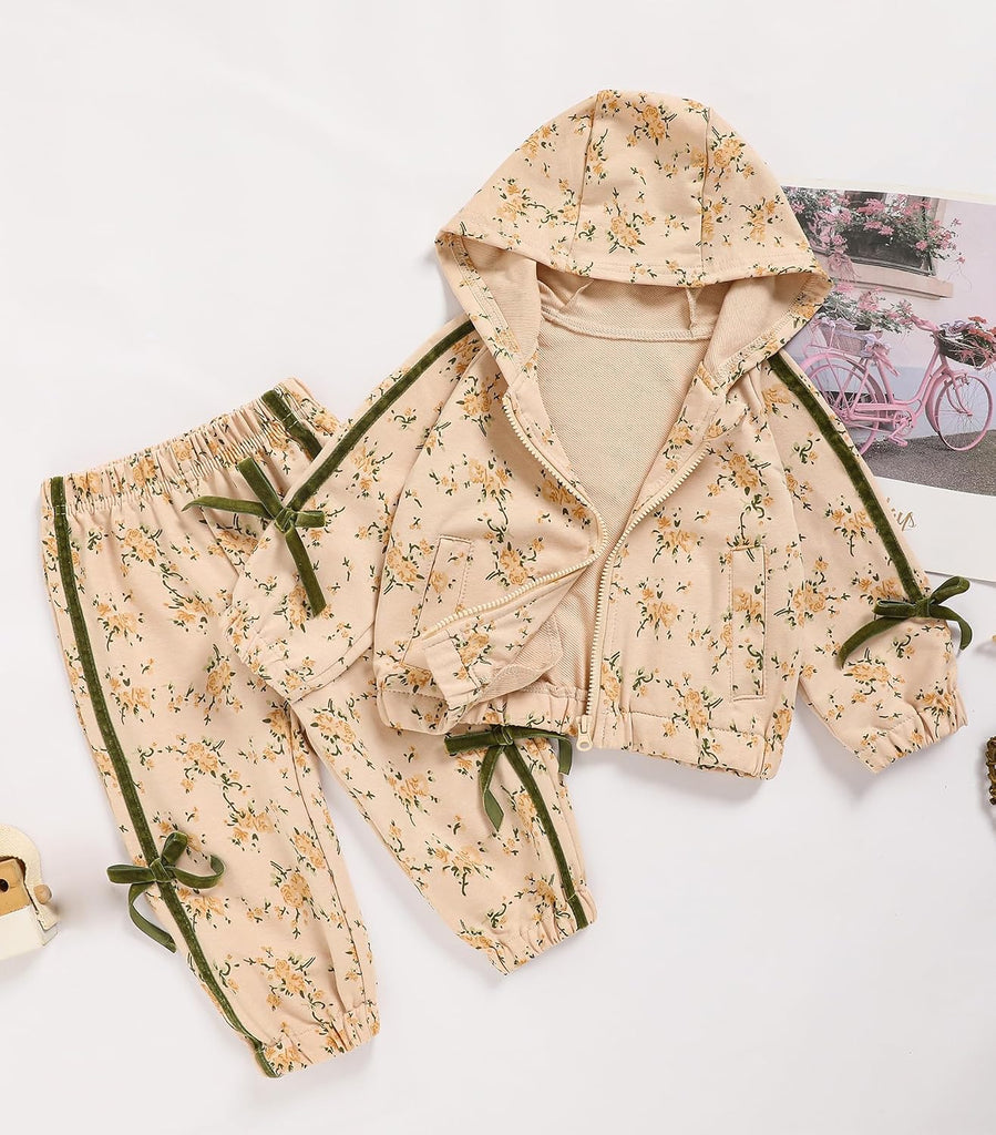 Baby Girl Floral Clothes Long Sleeve Infant Zipper Hooded Sweatshirt and Pants Set | Spring Fall Casual Outfits