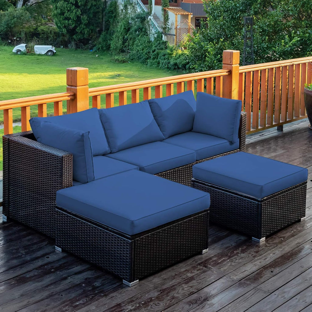 5 Piece Outdoor Patio Furniture Set, Wicker Sectional Rattan Sofa with Cushions, Ottomans and Coffee Table - Navy Blue