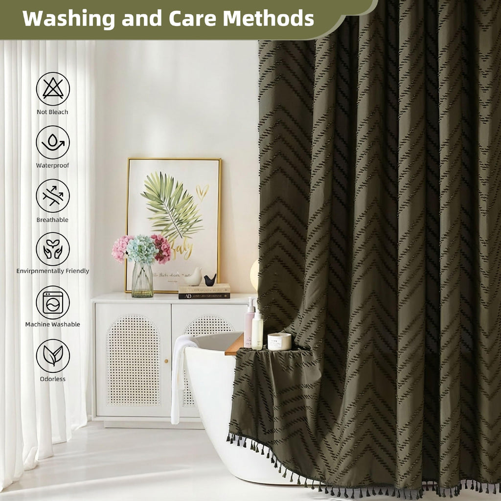 Extra Long Olive Green Boho Shower Curtain with Tassel, Woven Fabric 90 in Shower Curtain, Tufted Chevron Striped, 72