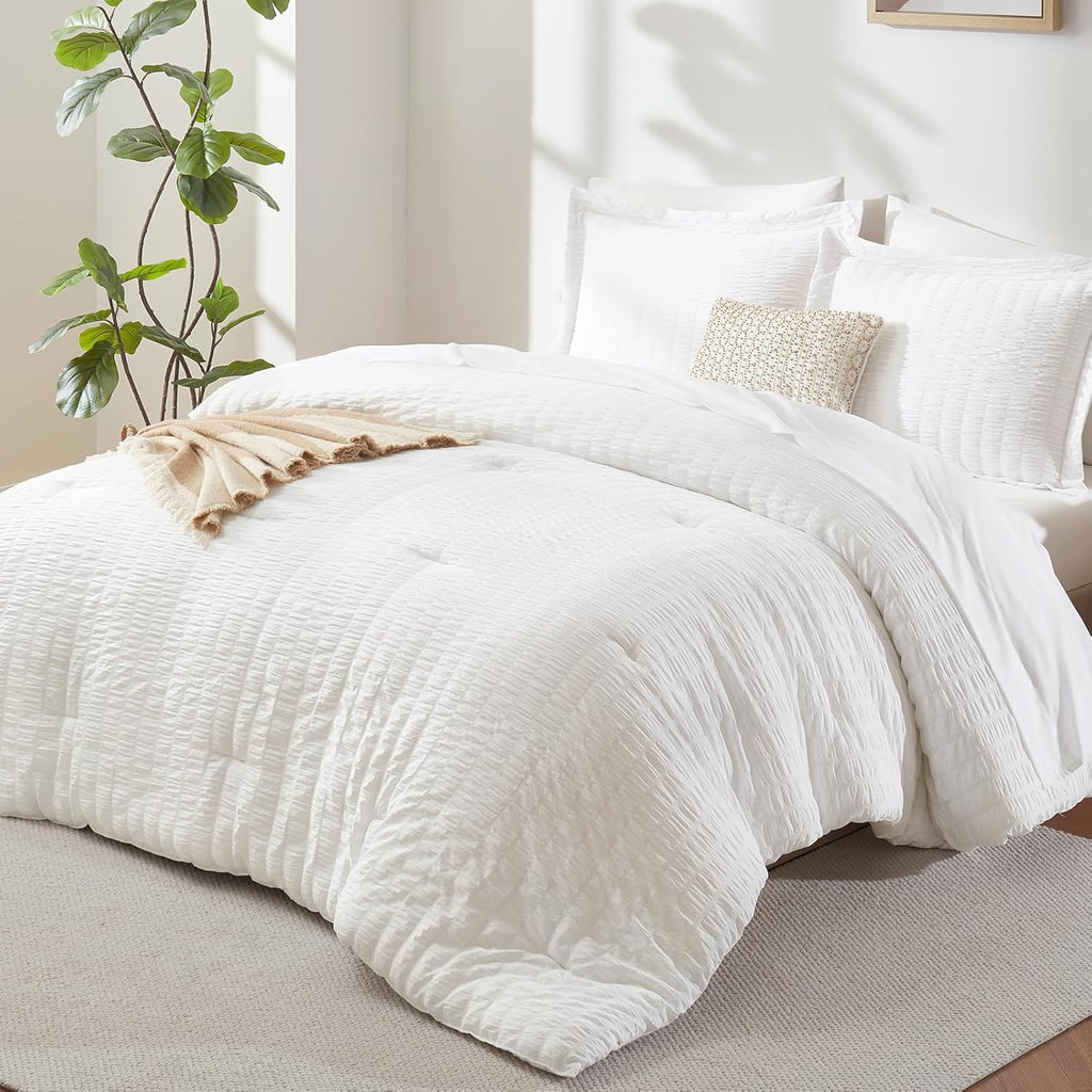 Queen Comforter Set White Seersucker 7 Pieces Bed in a Bag Queen Comforter Set with Sheets