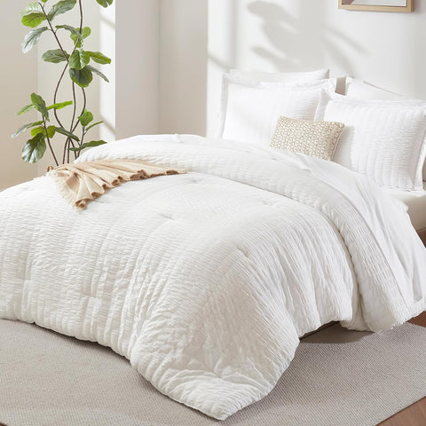 Queen Comforter Set White Seersucker 7 Pieces Bed in a Bag Queen Comforter Set with Sheets