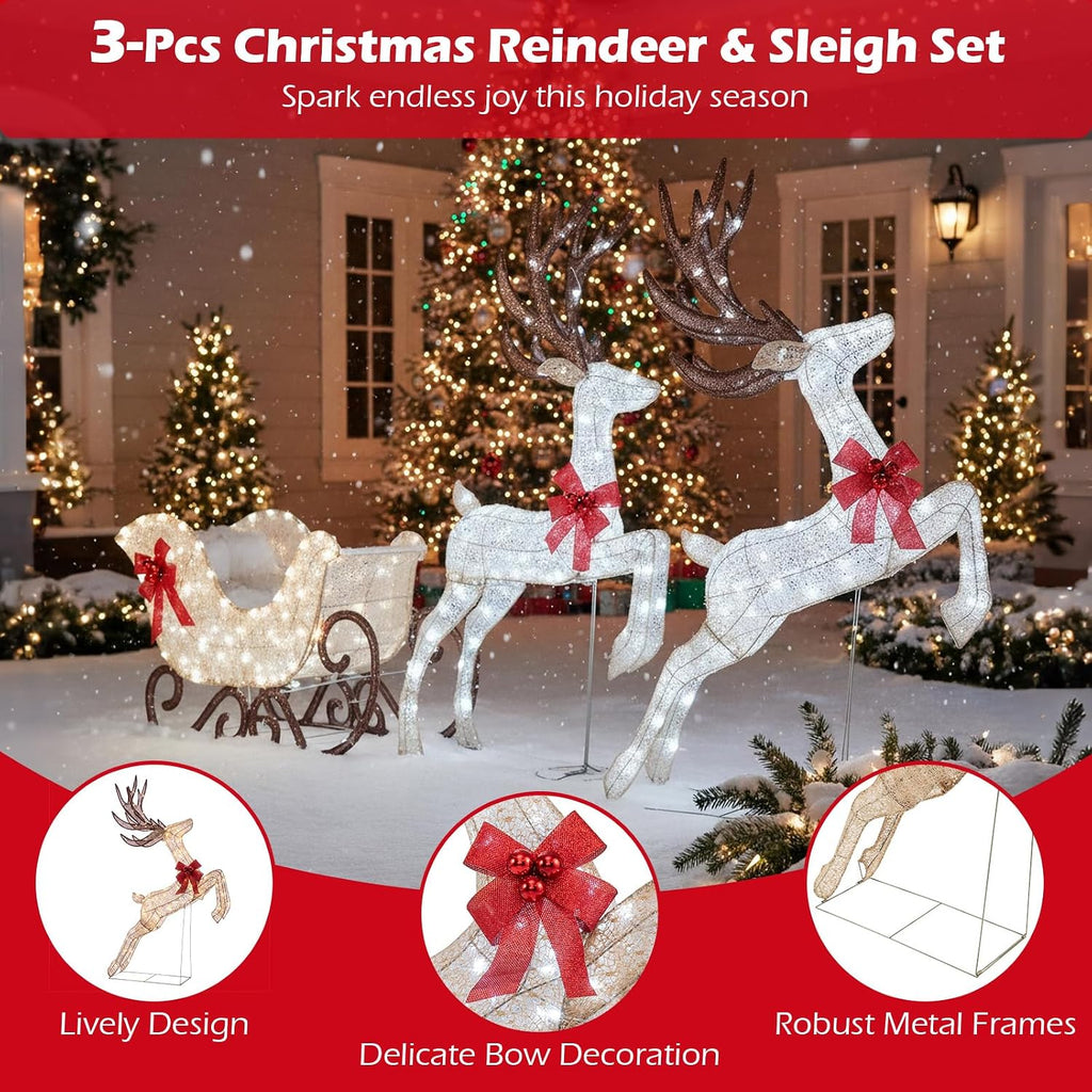 3-Piece Christmas Lighted Reindeer & Sleigh Set, Cold White