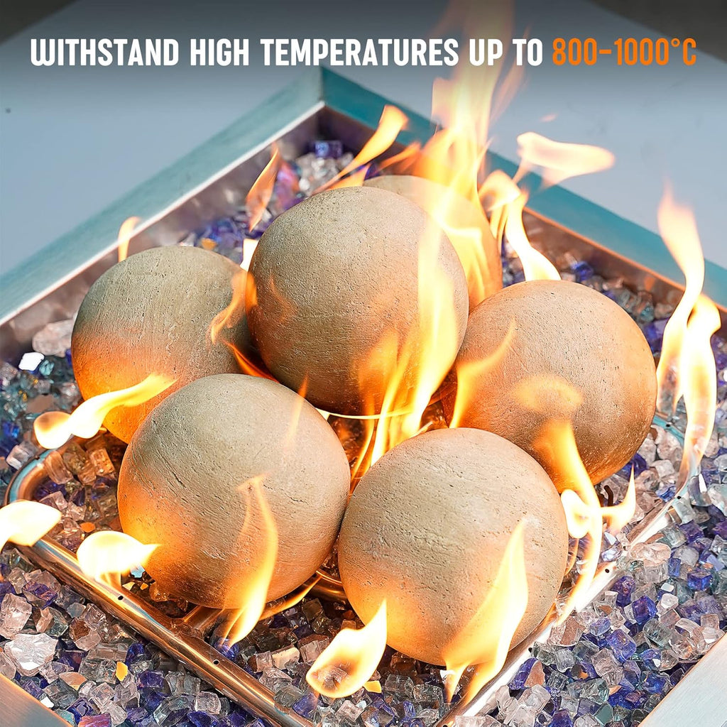 Ceramic Balls - 5” Round Fire Stones for Fire Pit Fire Bowl and Fireplace - Set of 6, Beige