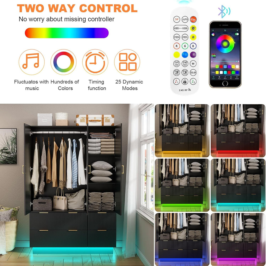 Large Wardrobe Closet, 3 Door Armoire Closet | Mirror and LED Lights, Hanging Rod, Drawers, Armoires and Wardrobes